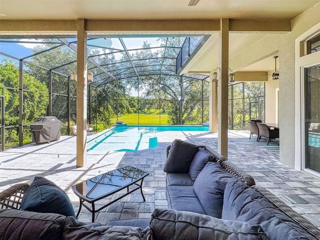 3216 Rolling Hills Ln, Apopka, FL 32712 - view of patio featuring an outdoor pool, a lanai, an outdoor hangout area, ceiling fan, and area for grilling