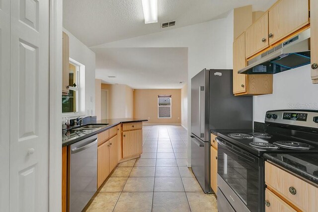 2772 Pelham Cir, Deltona, FL 32738 - kitchen with electric range, under cabinet range hood, dishwasher, light brown cabinets, and vaulted ceiling