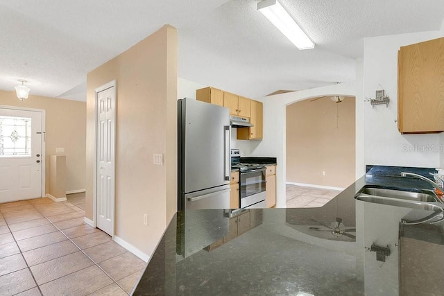 2772 Pelham Cir, Deltona, FL 32738 - kitchen with stainless steel appliances, under cabinet range hood, a textured ceiling, light tile patterned flooring, and a sink