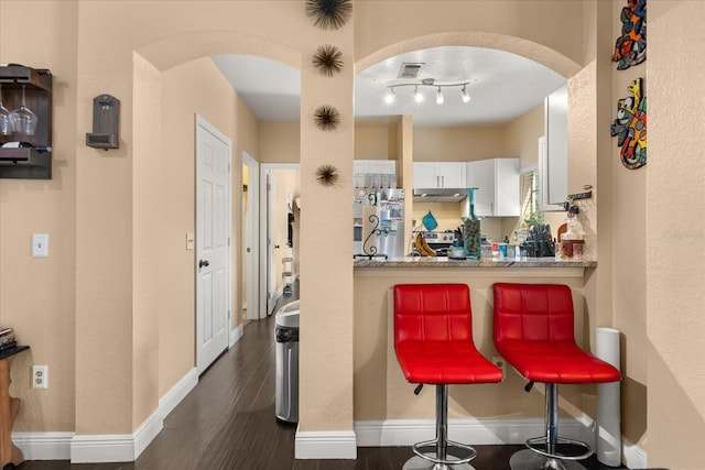 173 Villa Di Este Ter Unit 209, Lake Mary, FL 32746 - bar area featuring arched walkways, under cabinet range hood, dark wood-type flooring, fridge, and baseboards