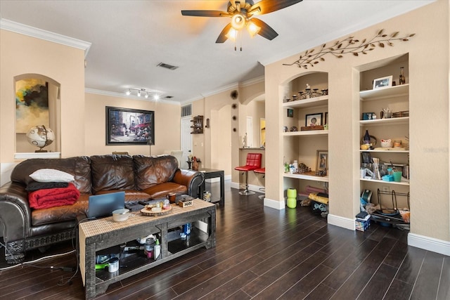 173 Villa Di Este Ter Unit 209, Lake Mary, FL 32746 - living room featuring ornamental molding, a ceiling fan, wood finished floors, baseboards, and arched walkways
