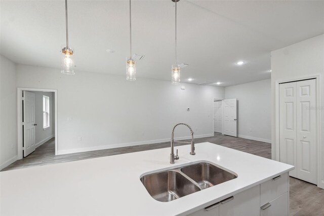 8944 N Pitcairn Way, Citrus Springs, FL 34434 - kitchen featuring a sink, light wood-style floors, light countertops, hanging light fixtures, and open floor plan
