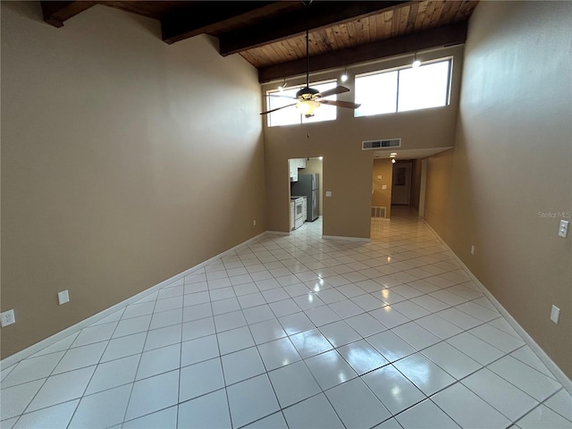 510 Cranes Way Unit 302, Altamonte Springs, FL 32701 - spare room featuring wooden ceiling with exposed beams, a ceiling fan, light tile patterned flooring, high vaulted ceiling, and baseboards