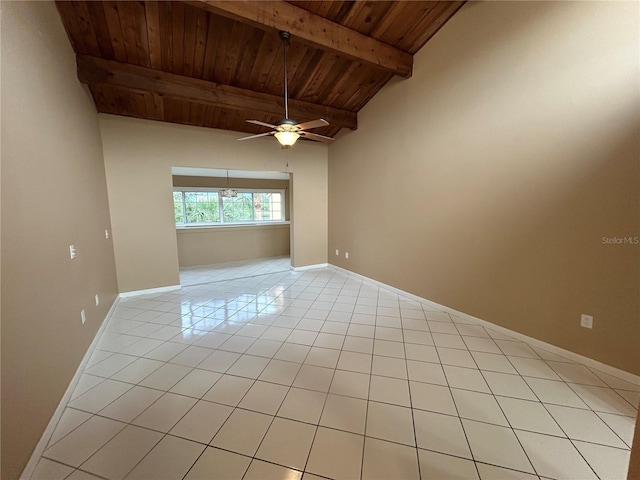 510 Cranes Way Unit 302, Altamonte Springs, FL 32701 - empty room with wood ceiling with exposed beams, ceiling fan, light tile patterned flooring, and baseboards