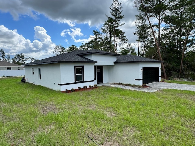 16463 SW 55th Court Rd, Ocala, FL 34473 - view of front of home with an attached garage, stucco siding, decorative driveway, a front yard, and a shingled roof