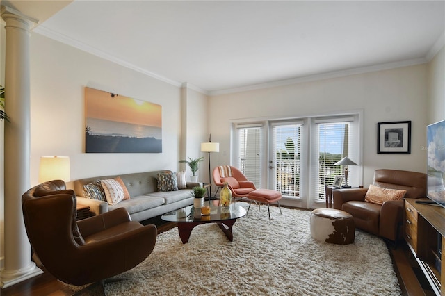 2305 Edgewater Dr Unit 1613, Orlando, FL 32804 - living room featuring dark wood finished floors, crown molding, and decorative columns