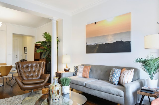 2305 Edgewater Dr Unit 1613, Orlando, FL 32804 - living room featuring wood finished floors, crown molding, and ornate columns