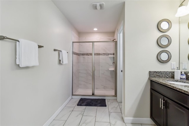 4740 Sleepy Hollow Dr, Kissimmee, FL 34746 - full bathroom featuring vanity, baseboards, a shower stall, and marble finish floors