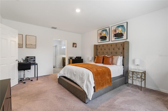 14357 Hidden Ct, Clermont, FL 34711 - bedroom with carpet, a desk, ensuite bathroom, baseboards, and recessed lighting