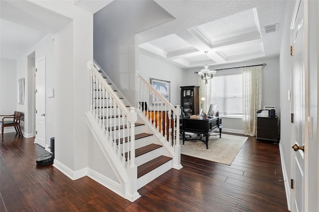 8418 Via Bella Notte, Orlando, FL 32836 - entryway featuring coffered ceiling, baseboards, hardwood / wood-style flooring, beamed ceiling, and stairway