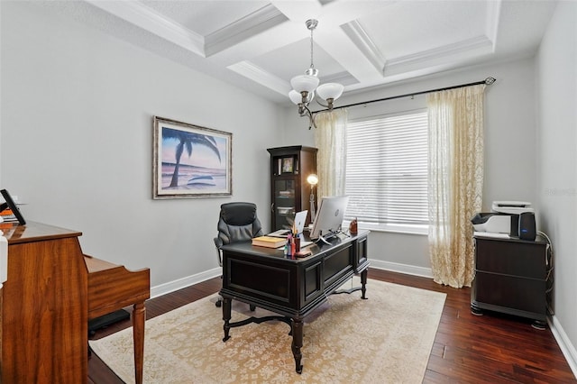 8418 Via Bella Notte, Orlando, FL 32836 - office featuring a chandelier, baseboards, beam ceiling, dark wood finished floors, and ornamental molding