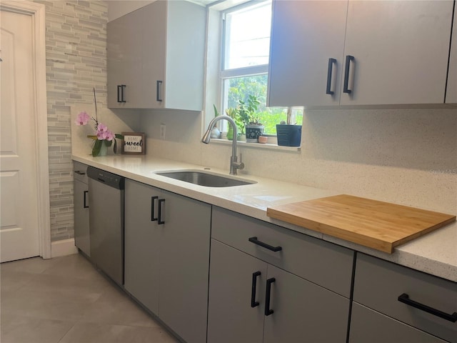 1894 SE Lafayette St, Stuart, FL 34997 - kitchen featuring stainless steel dishwasher, a sink, and gray cabinetry