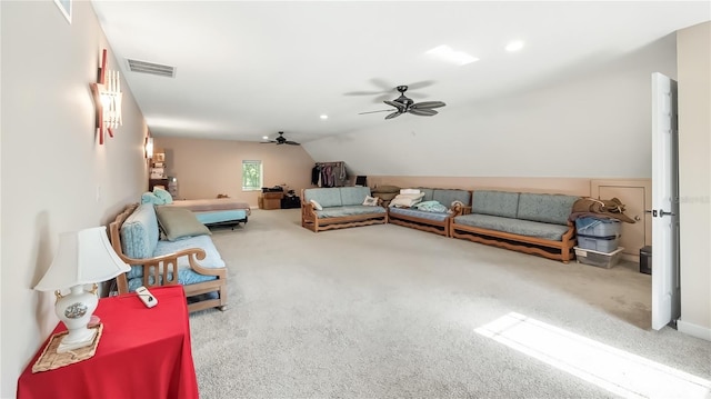 287 Hilltop Dr, Longwood, FL 32750 - carpeted living area featuring a ceiling fan and vaulted ceiling