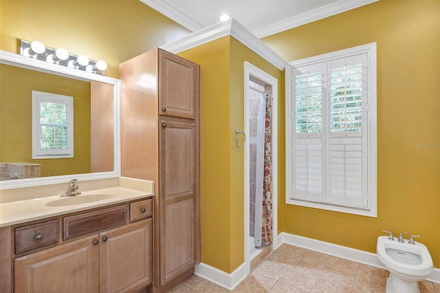 914 Elysium Blvd, Mount Dora, FL 32757 - bathroom featuring a bidet, plenty of natural light, vanity, crown molding, and a shower with curtain