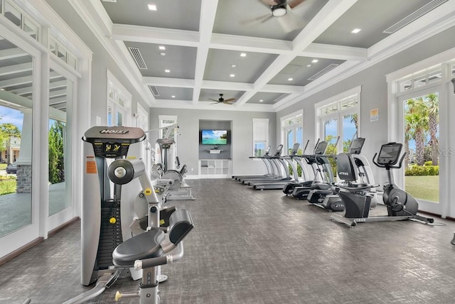 3280 Canna Lily Pl, Clermont, FL 34711 - workout area with a ceiling fan, beamed ceiling, coffered ceiling, baseboards, and ornamental molding