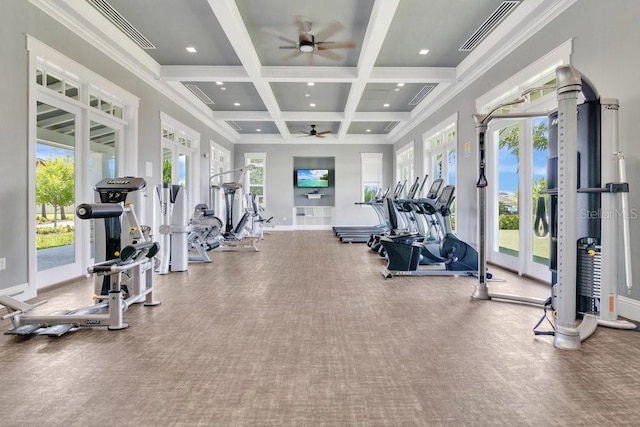 3280 Canna Lily Pl, Clermont, FL 34711 - gym featuring ceiling fan, beam ceiling, baseboards, coffered ceiling, and recessed lighting