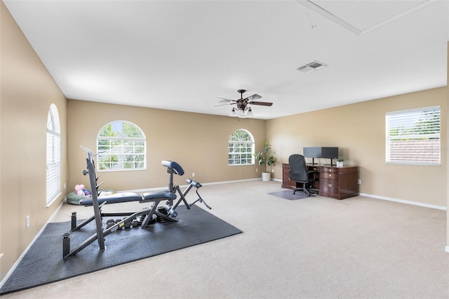 2214 Westbourne Dr, Oviedo, FL 32765 - exercise room featuring attic access, baseboards, carpet flooring, and ceiling fan