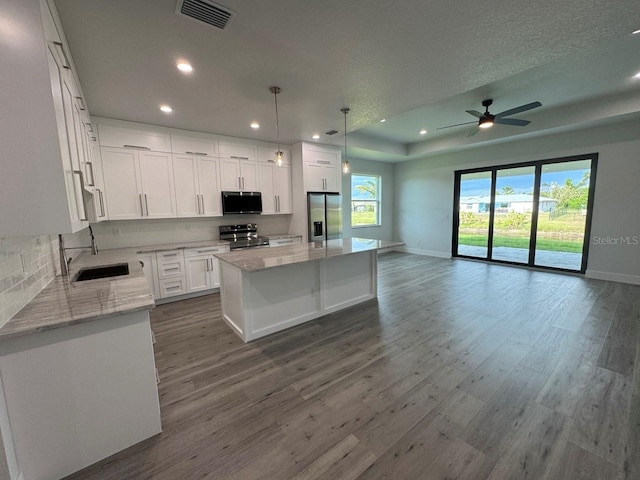 9 Bunker Pl, Rotonda West, FL 33947 - kitchen with stainless steel appliances, a sink, dark wood-style flooring, white cabinets, and recessed lighting
