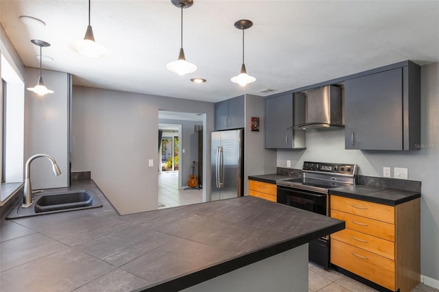 1343 Charlotte St, Altamonte Springs, FL 32701 - kitchen with freestanding refrigerator, electric range, wall chimney exhaust hood, and dark countertops
