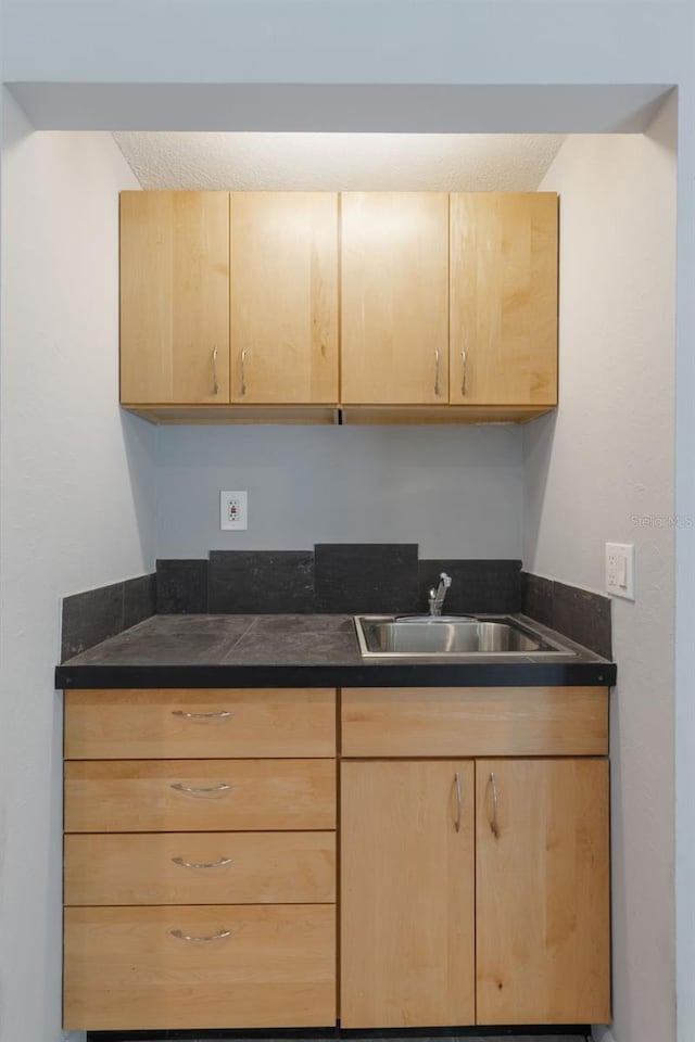 1343 Charlotte St, Altamonte Springs, FL 32701 - kitchen with light brown cabinets, a sink, dark countertops, and a textured ceiling