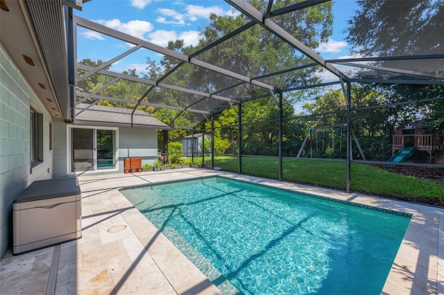 1343 Charlotte St, Altamonte Springs, FL 32701 - view of pool featuring a patio area, a playground, a lanai, and a yard