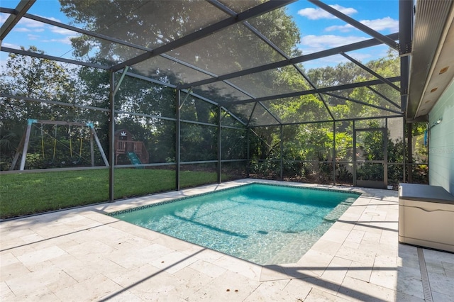 1343 Charlotte St, Altamonte Springs, FL 32701 - swimming pool featuring a patio area, a playground, glass enclosure, and a lawn