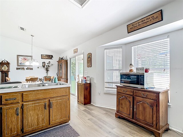 2771 NE 66th St, Ocala, FL 34479 - kitchen featuring a sink, stainless steel microwave, light wood finished floors, lofted ceiling, and pendant lighting