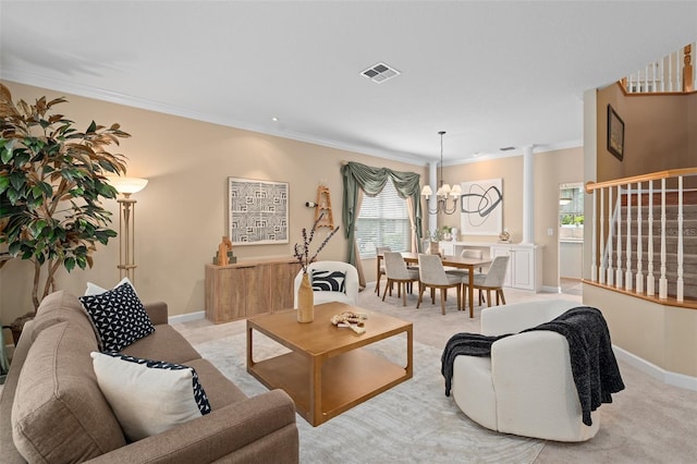490 Wekiva Preserve Dr, Apopka, FL 32712 - living room featuring decorative columns, crown molding, a chandelier, baseboards, and light colored carpet