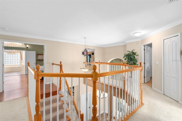 490 Wekiva Preserve Dr, Apopka, FL 32712 - hallway with an upstairs landing, crown molding, light carpet, and baseboards