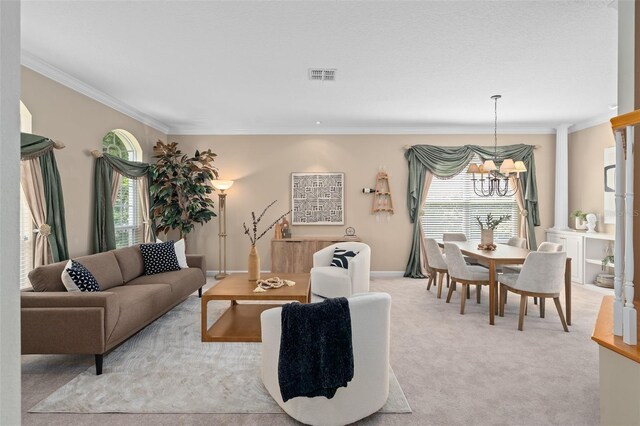 490 Wekiva Preserve Dr, Apopka, FL 32712 - living room with a chandelier, ornamental molding, light carpet, and baseboards