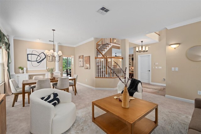 490 Wekiva Preserve Dr, Apopka, FL 32712 - living area with a chandelier, stairs, light carpet, crown molding, and baseboards