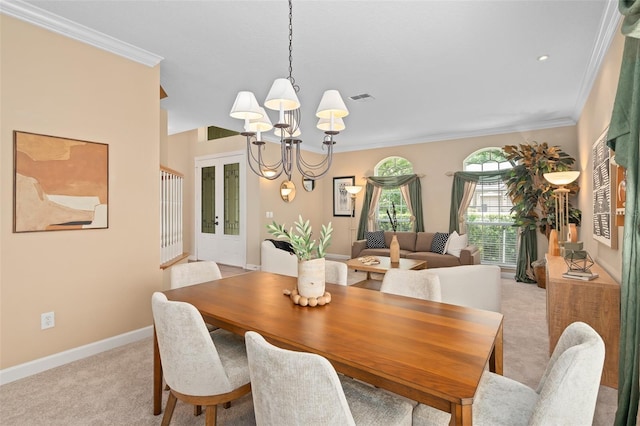 490 Wekiva Preserve Dr, Apopka, FL 32712 - dining space with a chandelier, carpet, crown molding, and baseboards