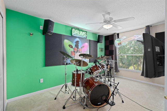 490 Wekiva Preserve Dr, Apopka, FL 32712 - rec room featuring a ceiling fan, baseboards, carpet flooring, and a textured ceiling