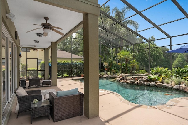 490 Wekiva Preserve Dr, Apopka, FL 32712 - outdoor pool featuring a ceiling fan, a patio area, and glass enclosure