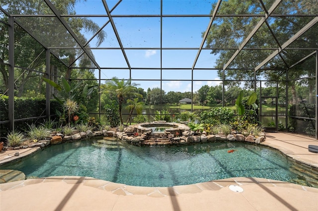 490 Wekiva Preserve Dr, Apopka, FL 32712 - view of swimming pool featuring a patio area, a pool with connected hot tub, and glass enclosure