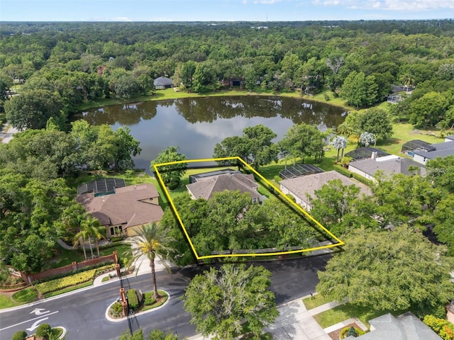 490 Wekiva Preserve Dr, Apopka, FL 32712 - view of property location with a forest, property parcel outlined, and a nearby body of water