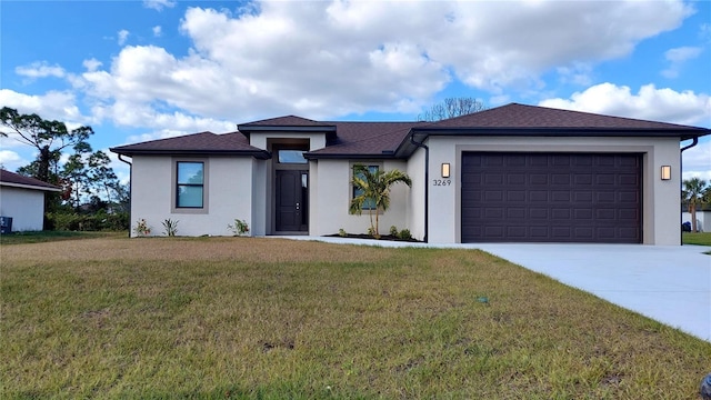3269 Ponce De Leon Blvd, North Port, FL 34291 - prairie-style house featuring stucco siding, driveway, a garage, a front lawn, and a shingled roof