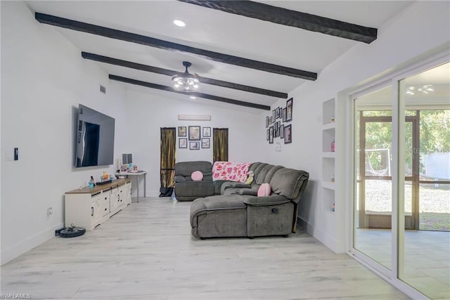 living area with ceiling fan, baseboards, recessed lighting, and light wood-type flooring