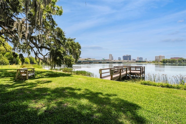 320 Lakeview St Unit 220, Orlando, FL 32804 - dock with a lawn, a water view, and a view of city