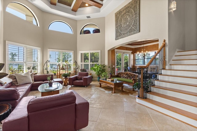 1010 Juliette Blvd, Mount Dora, FL 32757 - lobby with a towering ceiling, coffered ceiling, beamed ceiling, and stairs