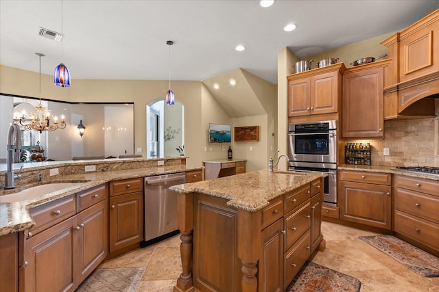 1010 Juliette Blvd, Mount Dora, FL 32757 - kitchen featuring appliances with stainless steel finishes, a kitchen island with sink, a sink, decorative backsplash, and recessed lighting
