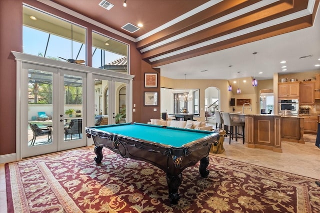 1010 Juliette Blvd, Mount Dora, FL 32757 - recreation room featuring french doors, arched walkways, billiards, and a sink