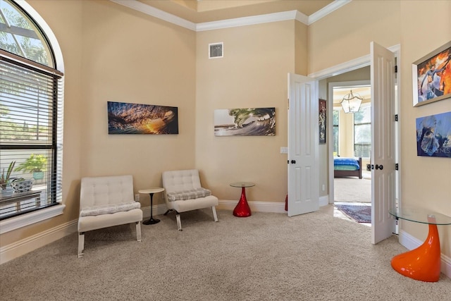 1010 Juliette Blvd, Mount Dora, FL 32757 - living area with carpet, ornamental molding, healthy amount of natural light, and baseboards