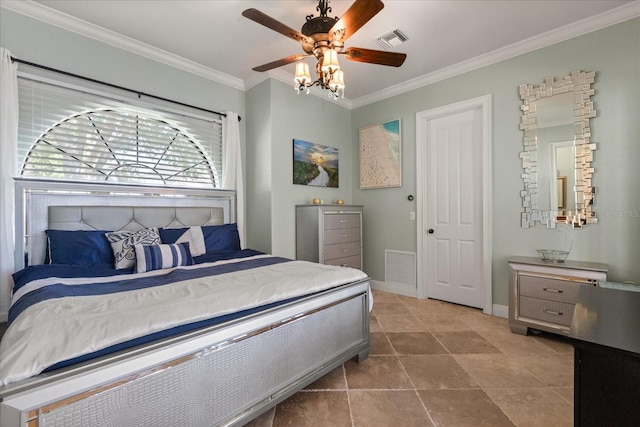 1010 Juliette Blvd, Mount Dora, FL 32757 - bedroom with ornamental molding, baseboards, tile patterned flooring, and a ceiling fan