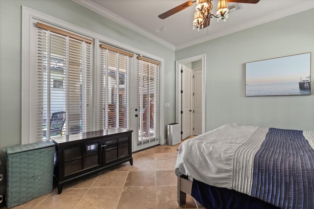 1010 Juliette Blvd, Mount Dora, FL 32757 - bedroom with crown molding, access to outside, multiple windows, tile patterned flooring, and ceiling fan