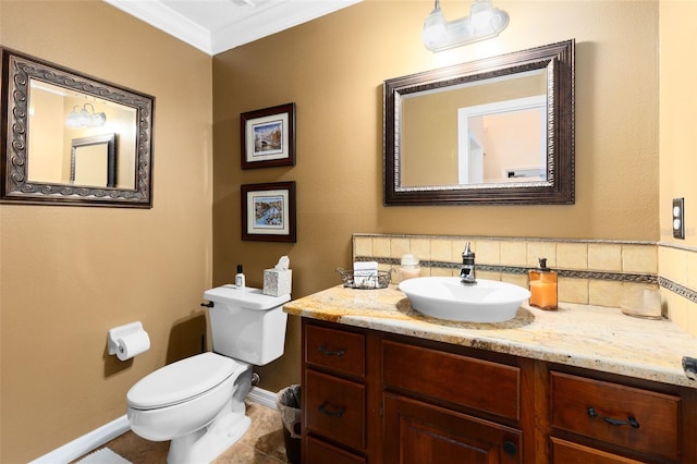 556 Lake Ave, Altamonte Springs, FL 32701 - half bathroom featuring vanity, crown molding, tasteful backsplash, and tile patterned flooring