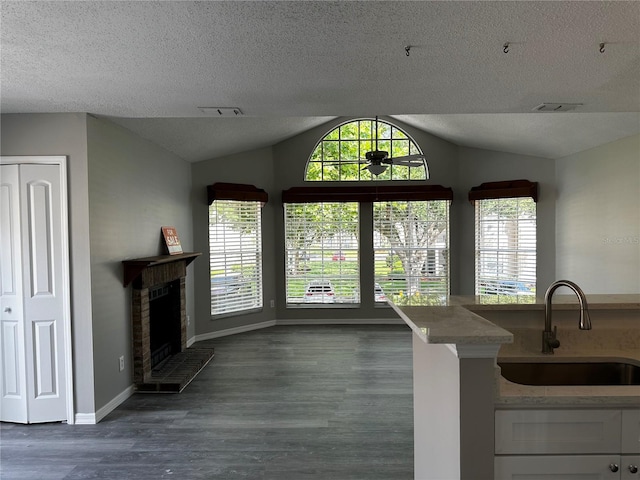 652 Roaring Dr Unit 234, Altamonte Springs, FL 32714 - unfurnished living room featuring a sink, vaulted ceiling, a textured ceiling, plenty of natural light, and dark wood-style floors