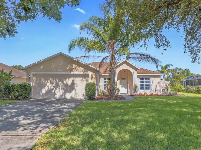 703 Sunridge Woods Blvd, Davenport, FL 33837 - ranch-style home with stucco siding, an attached garage, driveway, and a front lawn