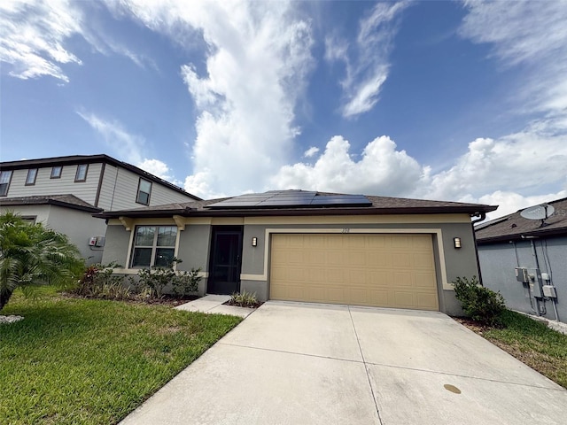 398 Citrus Isle Loop, Davenport, FL 33837 - view of front of house featuring stucco siding, driveway, roof mounted solar panels, a garage, and a front yard