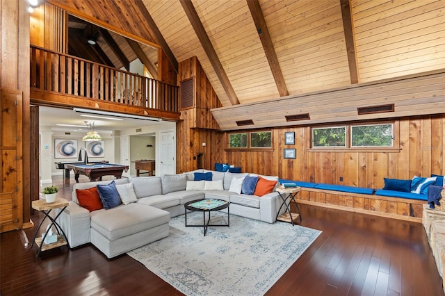 120 Springwood Trl, Altamonte Springs, FL 32714 - living room featuring billiards, high vaulted ceiling, wood walls, wood ceiling with exposed beams, and dark wood-style flooring